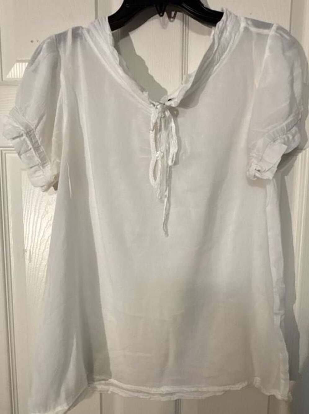 Braez Ruffle Blouse Size S White Short Sleeve Tie Neck